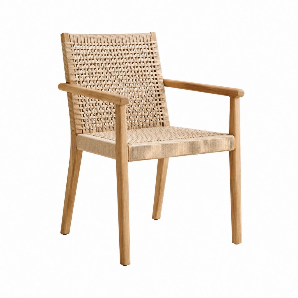 Gartenstuhl mit Armlehnen Naturbeige aus massivem Teakholz und Polypropylen-Geflecht 59 x 61 x 85 cm