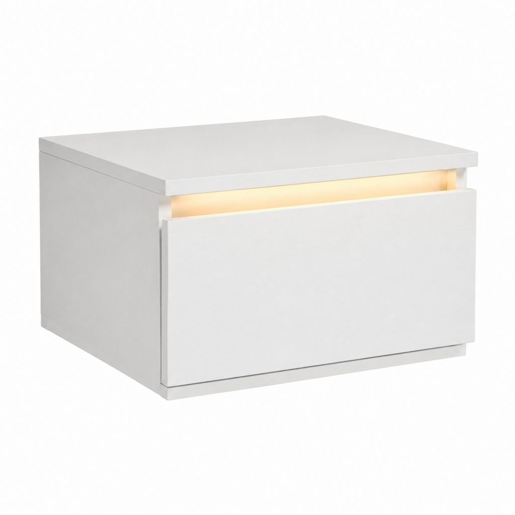 Wand-Nachttisch Weiß aus MDF rechteckig mit Schublade und LED-Beleuchtung 50 x 35 x 30 cm