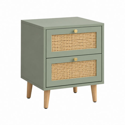 Nachttisch mit 2 Schubladen Salbeigrün MDF Rattan rechteckig 40 x 35 x 60 cm
