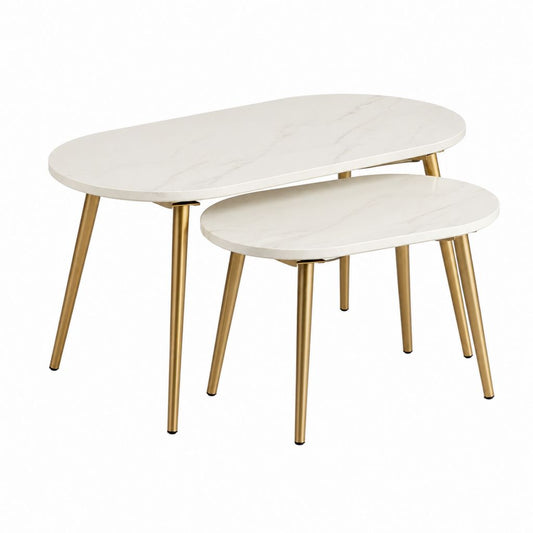 Couchtisch Set 2-teilig Weiß MDF Marmoroptik Oval 100 x 50 x 45 cm und 70 x 40 x 35 cm