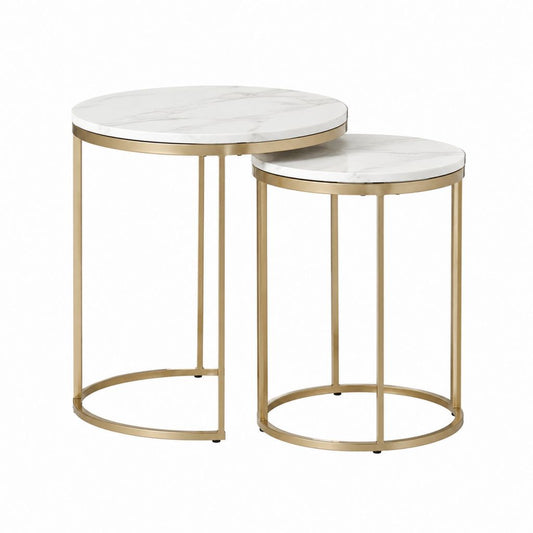 Couchtisch Set 2-teilig Weiß Gold Sinterstein Stahl Rund Ø 80 x 45 cm und Ø 60 x 40 cm