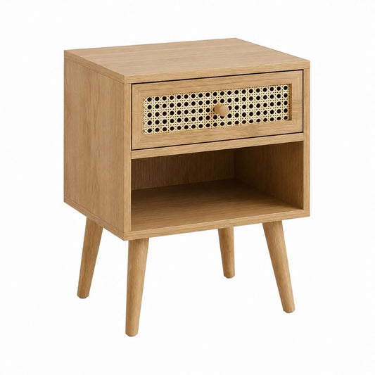 Nachttisch mit Schublade und Ablagefach Natur Eichenfurnier Rattan rechteckig 45 x 35 x 60 cm